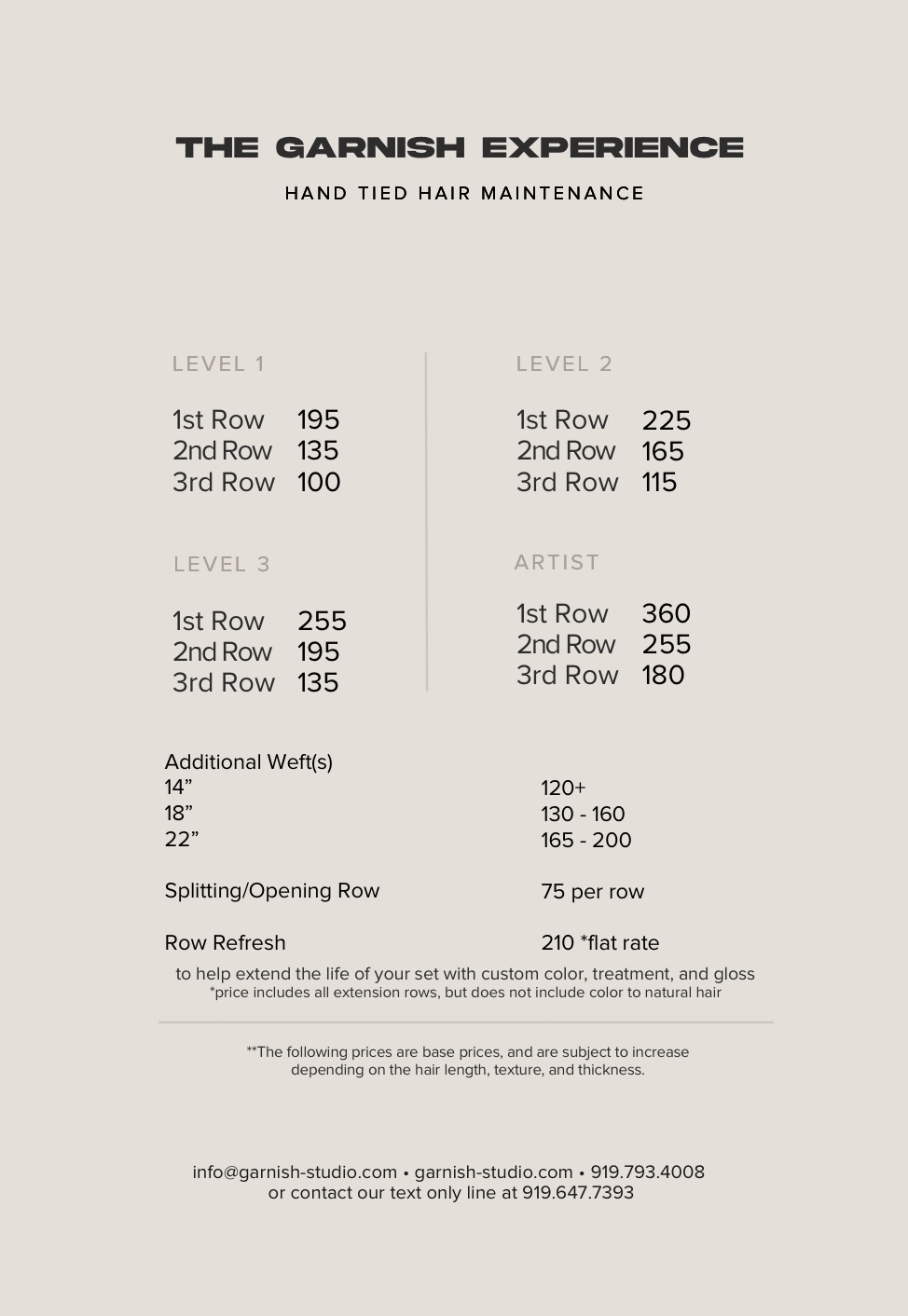 Pricing sheet