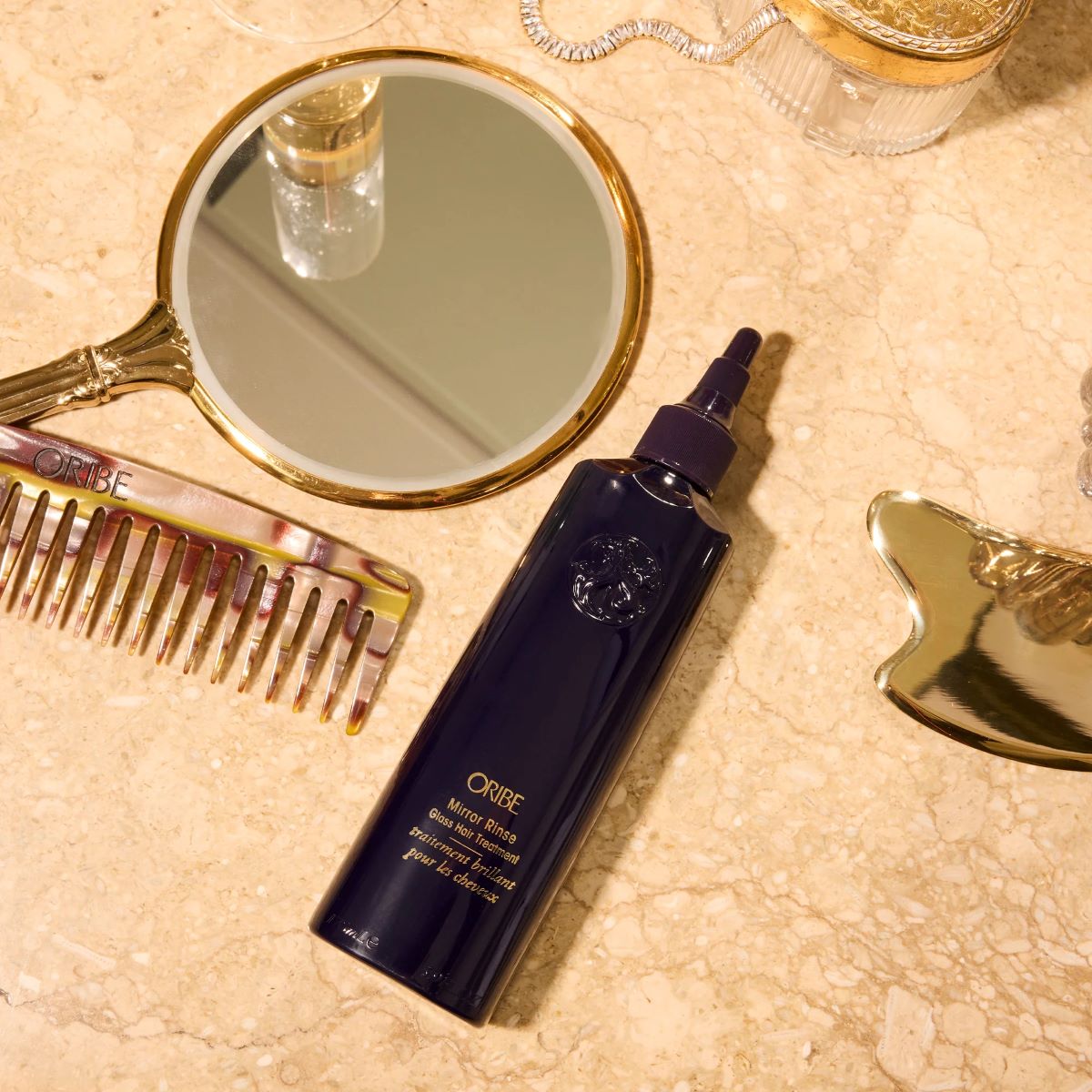 Oribe Mirror Rinse on a marble counter in Raleigh, North Carolina